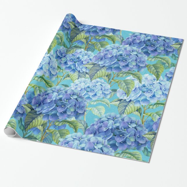Papel De Regalo Estampado de plores floral azul del Hydrangea (Desenrollado)