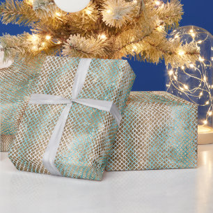 Papel De Regalo Estampado de Serpiente en Oro y Aqua Blanco