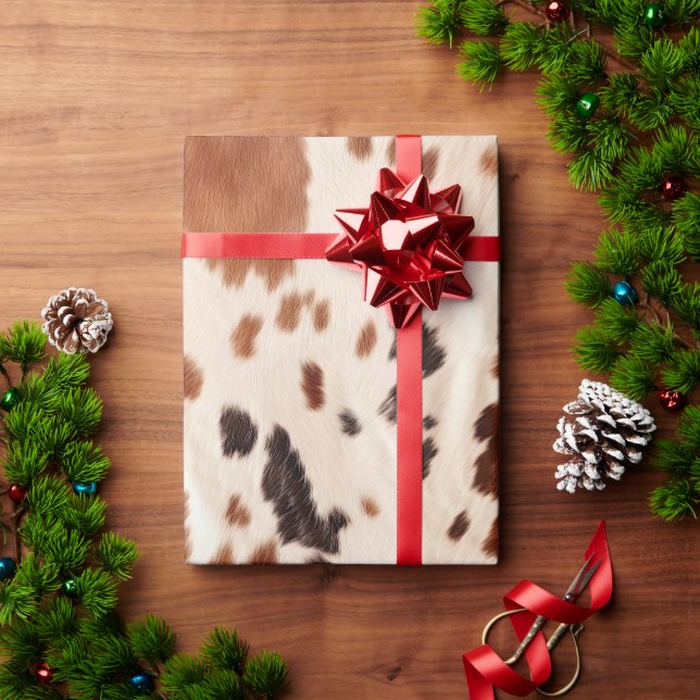 Papel De Regalo Estampado de vaca falso crema negro marrón (Regalo de vacaciones)
