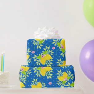 Papel De Regalo Estampado floral de limones azules y amarillos ver