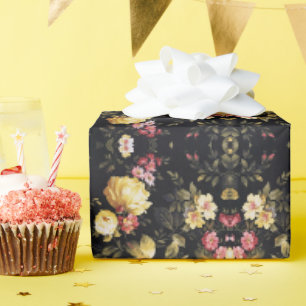 Papel De Regalo estampado floral sobre negro