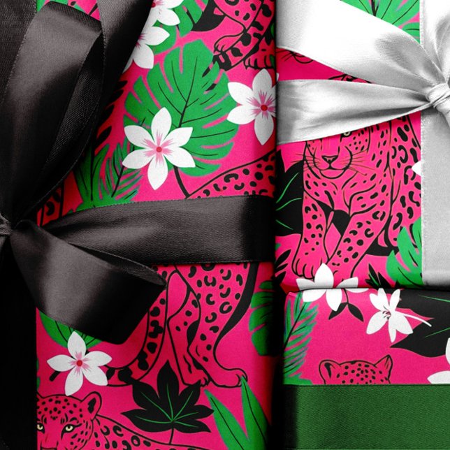 Papel De Regalo Estampado Tropical Selvático Leopardo Rosa Brillan (Subido por el creador)