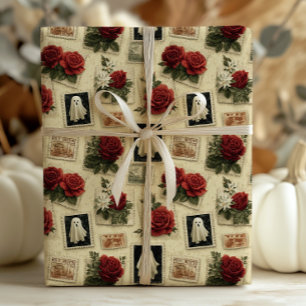 Papel De Regalo Estampilla gótica victoriana fantasma y rosas roja