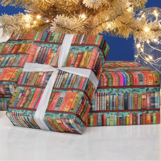 Papel De Regalo estantería para navidades, holly, libros antiguos 