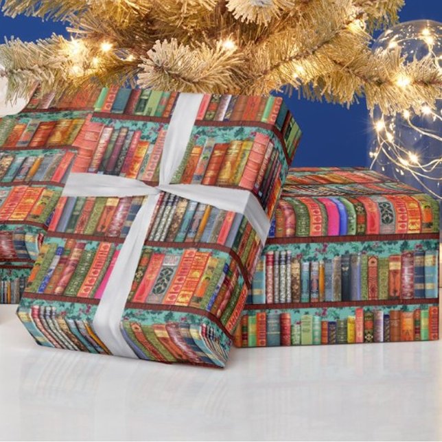 Papel De Regalo estantería para navidades, holly, libros antiguos  (Subido por el creador)
