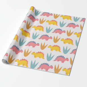 Papel De Regalo Estegosaurio y plantas coloridas