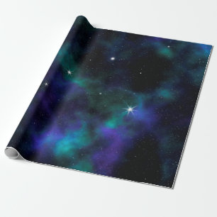 Papel De Regalo Estelar Cósmico Azul y Verde Galaxia