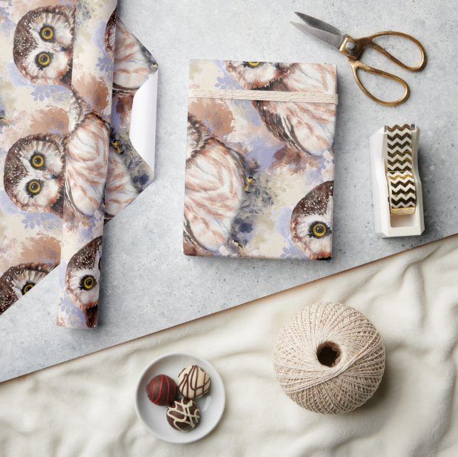 Papel De Regalo Estilo Acuarela Pequeña Lechuza Arte Natural (Artesanía)