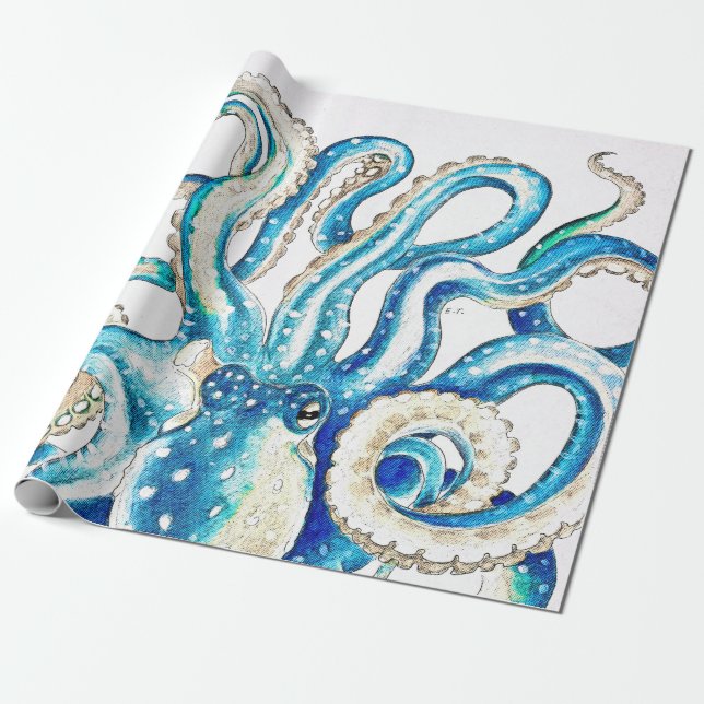 Papel De Regalo Estilo cómico del pulpo azul (Desenrollado)