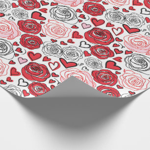Papel De Regalo Estilo de Arte Doodle Rosas Rosadas Corazones San