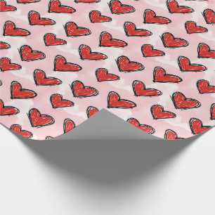 Papel De Regalo Estilo de Arte Infantil Encantador Corazones Rojos