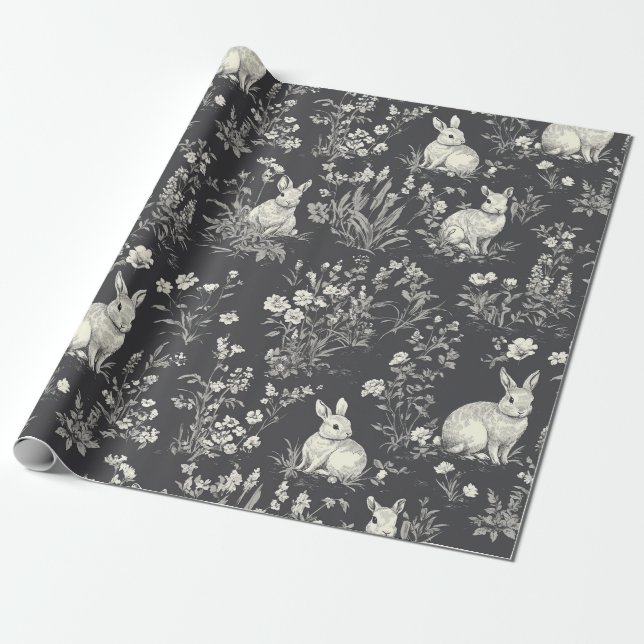 Papel De Regalo Estilo de Toile Botánico de Conejo Negro Rústico (Desenrollado)