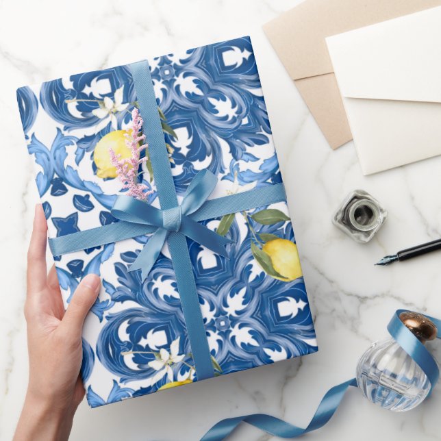 Papel De Regalo Estilo italiano,azulejos,majolica,limón ,Impresión (Regalar)
