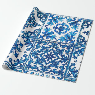Papel De Regalo estilo italiano, mediterráneo, mosaico, azul,