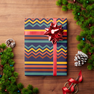 Papel De Regalo Estilo retro de los 70 navy y boho chevron rayas m