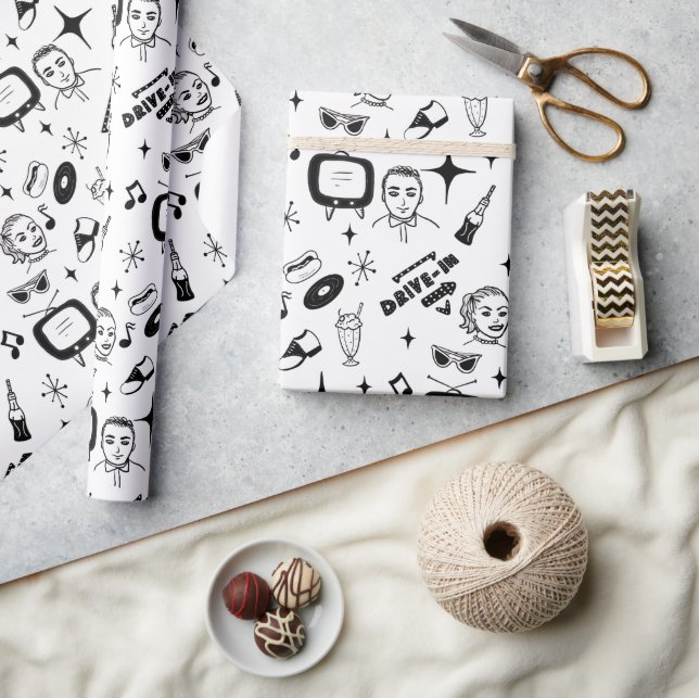 Papel De Regalo Estilo retro nostálgico blanco y negro de los años (Artesanía)