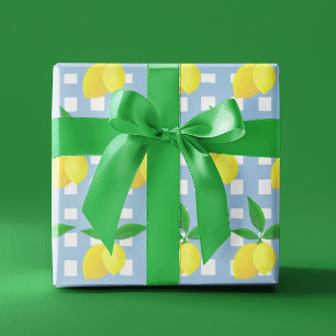 Papel De Regalo Estilo Retro Preppy Limones Amarillos Cuadro Azul 