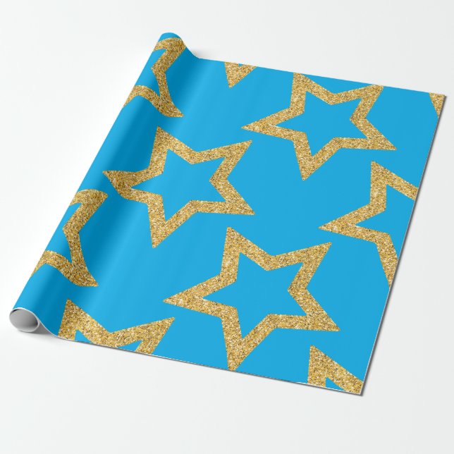 Papel De Regalo Estrella celestial azul y dorada (Desenrollado)