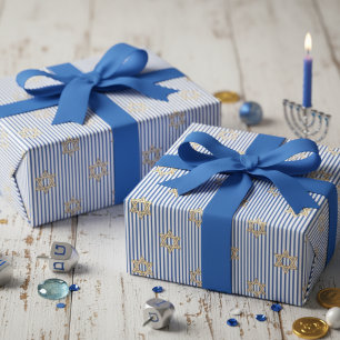 Papel De Regalo Estrella de David dorada judía azul brillante raya