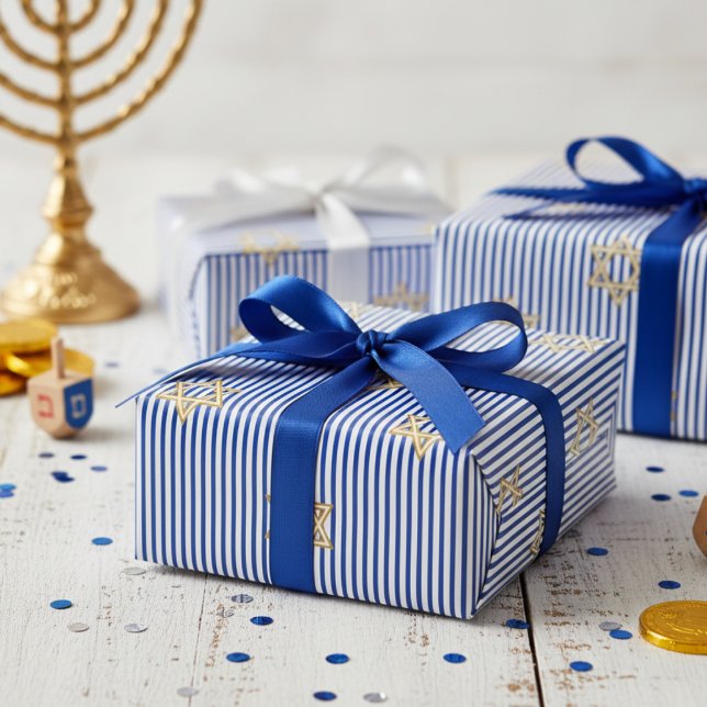 Papel De Regalo Estrella de David dorada judía azul profundo rayad (Elegant Modern Striped Blue & White Jewish Gold Star of David Mazel Tov & Hanukkah Wrapping Paper)