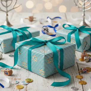 Papel De Regalo Estrella de David dorada judía turquesa profunda r