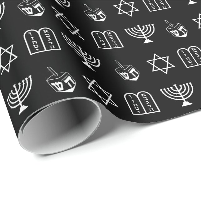Papel De Regalo Estrella de David Dreidel Menorah Torah negro Hanu (Esquina del rollo)
