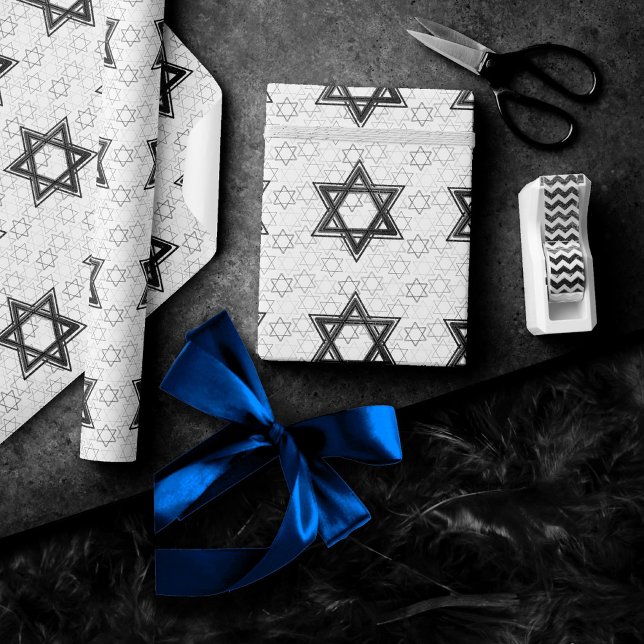 Papel De Regalo Estrella de David Pattern | Moderno de negro sobre (Subido por el creador)