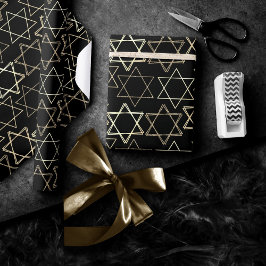 Papel De Regalo Estrella de David Pattern | Oro moderno en negro
