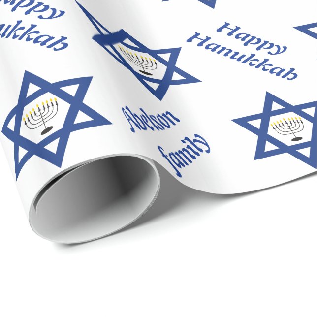 Papel De Regalo Estrella de David y chanukiah Hanukkah vacaciones  (Esquina del rollo)