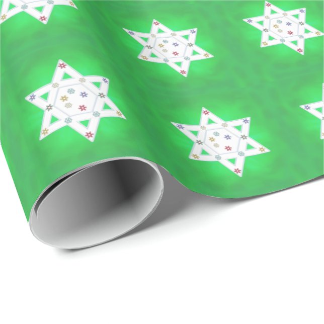 Papel De Regalo Estrella de Hanukkah y verde copos de nieve (Esquina del rollo)