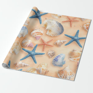 Papel De Regalo Estrella de mar con conchas realistas en arena de 