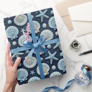 Papel De Regalo Estrella de Mar Concha Náutica Azul y Blanco