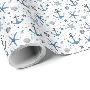 Papel De Regalo Estrella de mar de ancla náutica azul y blanca 