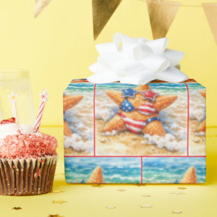 Papel De Regalo Estrella de mar patriótica en arena de playa