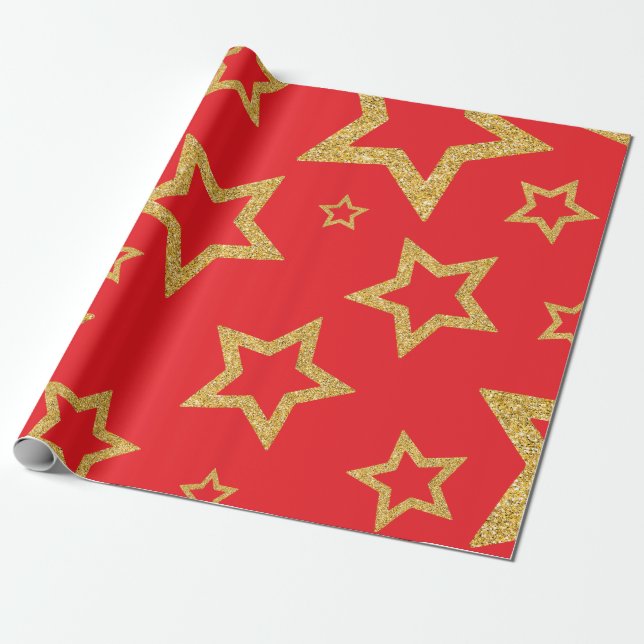 Papel De Regalo Estrella de oro y rojo festivo (Desenrollado)