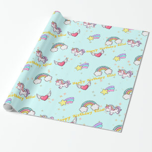 Papel De Regalo Estrella de unicornio de arcoiris azul mate