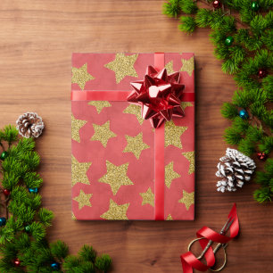 Papel De Regalo Estrella dorada con brillo de Navidad sobre rojo a