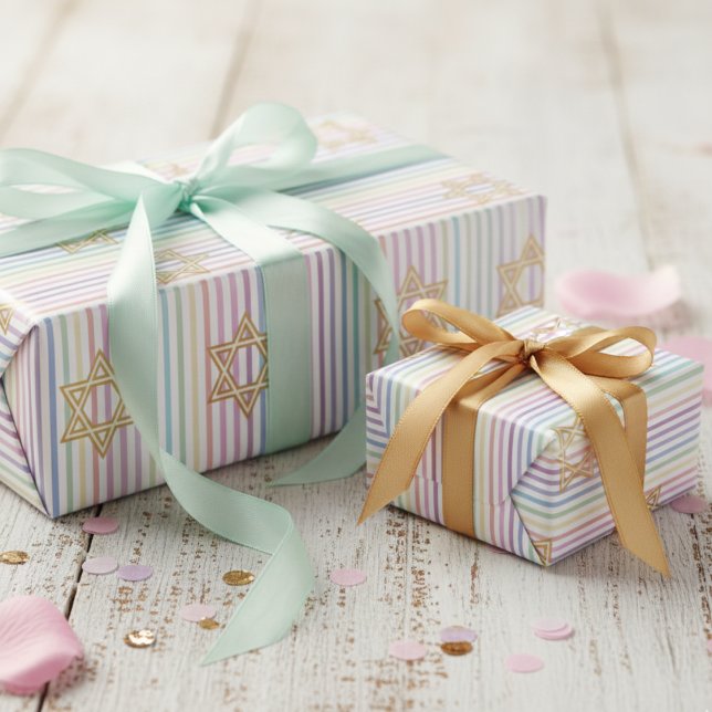 Papel De Regalo Estrella elegante de David con patrón de rayas de  (Adorable Star of David Wrapping Paper for Her. Cute Girly Rainbow Multicolored Striped Pattern)