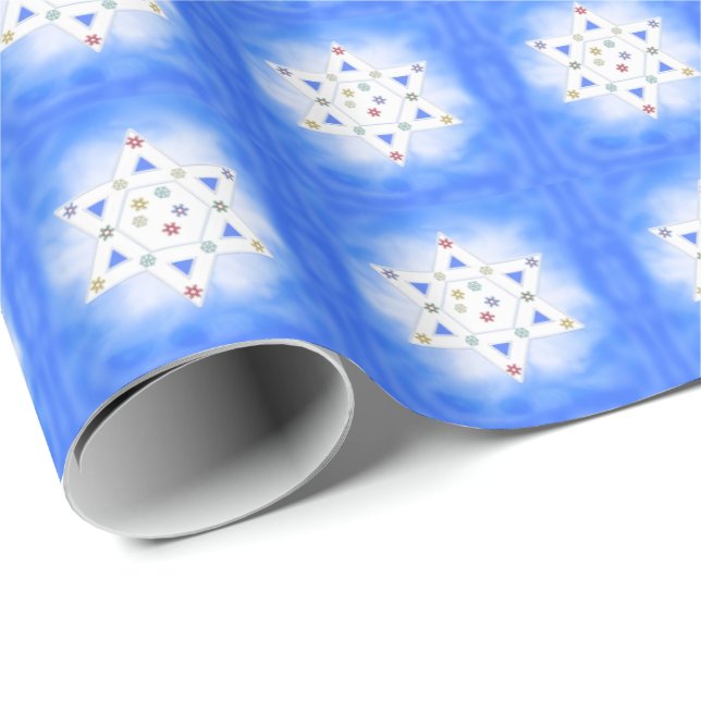 Papel De Regalo Estrella Hanukkah y copos de nieve azul (Esquina del rollo)