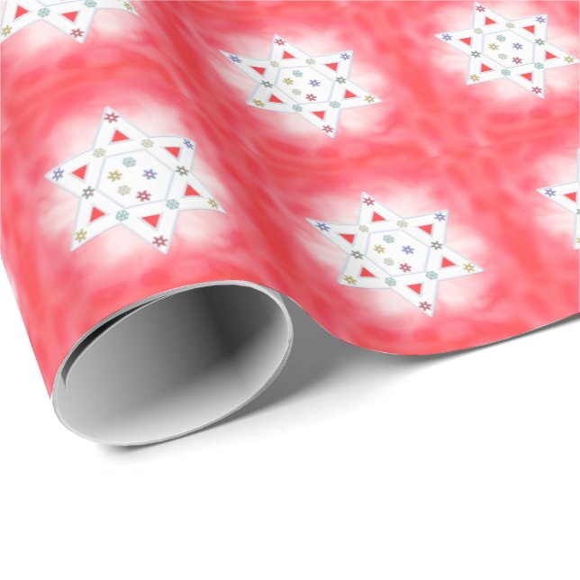 Papel De Regalo Estrella Hanukkah y copos de nieve rojos (Esquina del rollo)