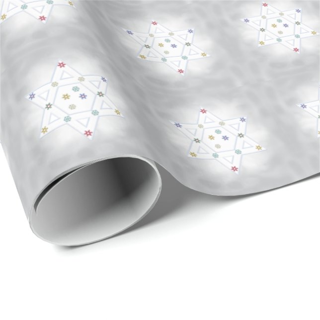 Papel De Regalo Estrella Hanukkah y gris de copas de nieve (Esquina del rollo)