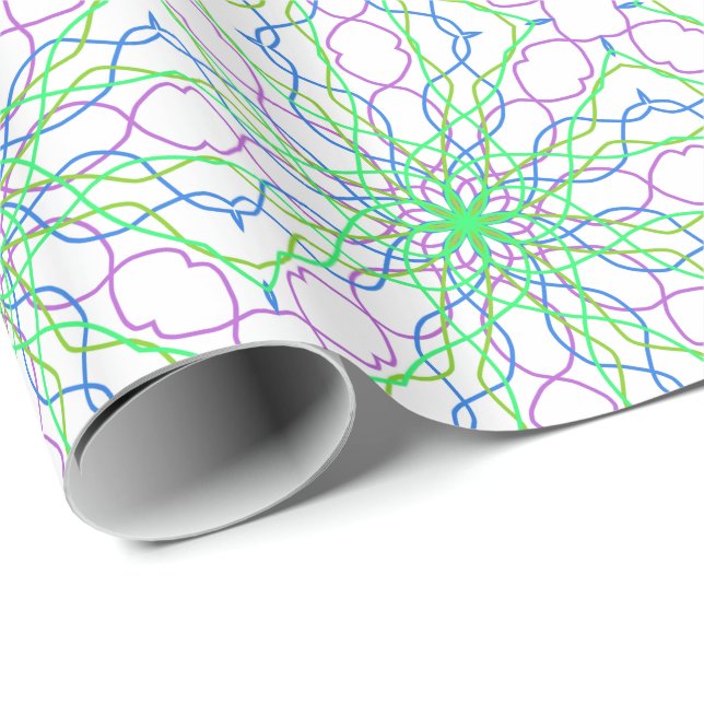 Papel De Regalo Estrella Kaleidoscope, arte morado azul verde blan (Esquina del rollo)