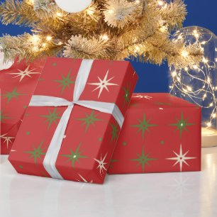 Papel De Regalo Estrella y Bola de Navidad Roja Contemporánea Vint