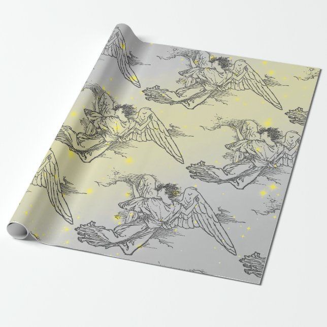 PAPEL DE REGALO ESTRELLAS AMARILLAS Y ÁNGELES DE VUELO ARRASTRANDO (Desenrollado)