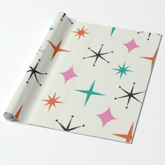Papel De Regalo Estrellas atómicas de mediados de siglo en rosa, a