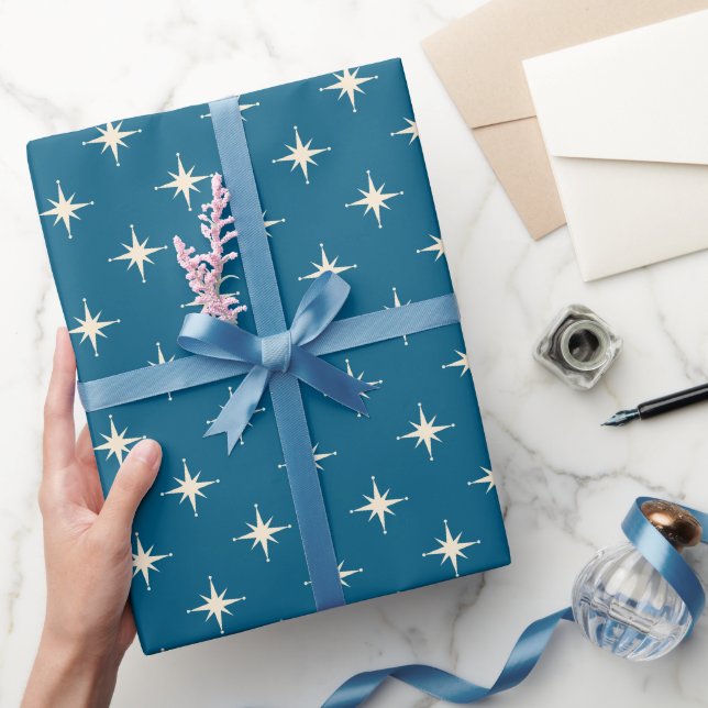 Papel De Regalo Estrellas atómicas modernas retro azul de mediados (Regalar)