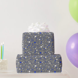 Papel De Regalo Estrellas azules y blancas en gris
