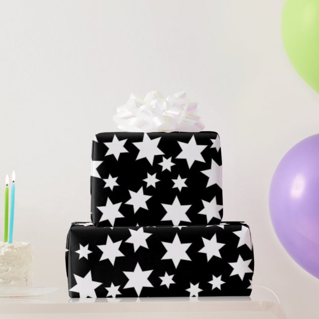 Papel De Regalo Estrellas blancas al azar en negro (Regalos de fiesta)