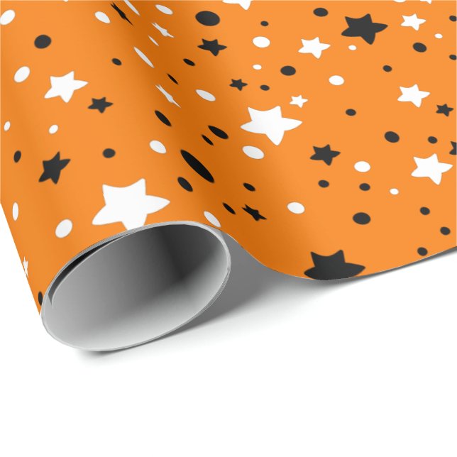 Papel De Regalo estrellas blancas y negras en naranja (Esquina del rollo)