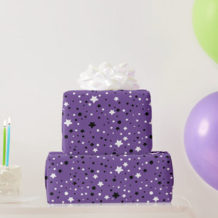 Papel De Regalo Estrellas blancas y negras sobre morado